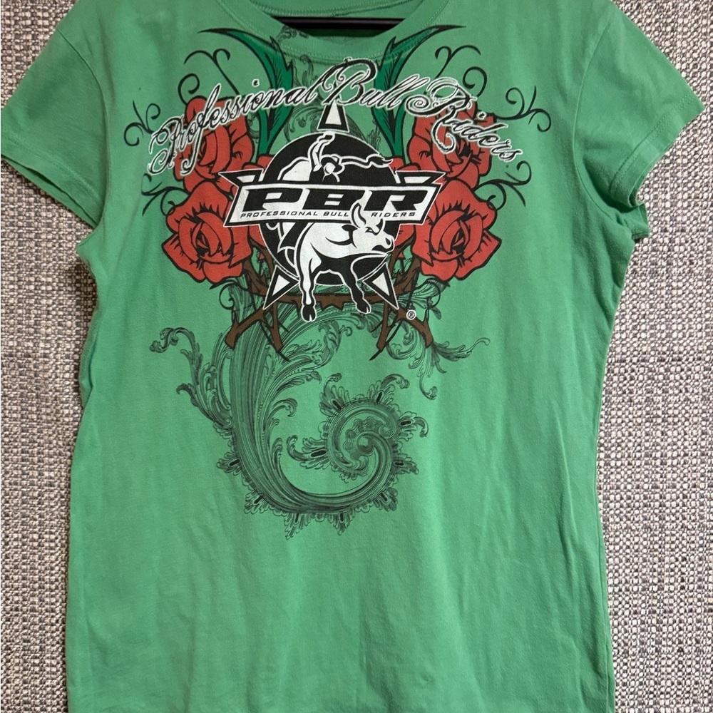 Cowgirl Militia PBR‎ Professional Bull Rider Green Graphic Tee Roses and Thorns